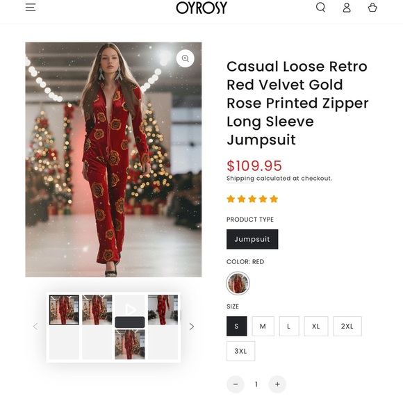 Oyrosy Elegant Red Floral Rose Velvet Zip up  Long Sleeve  Retro Jumpsuit M - Picture 2 of 15